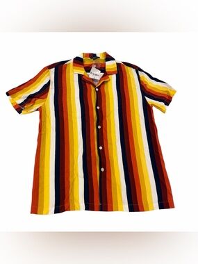 Forever 21 Men’s Striped Button Down Shirt Navy Mustard Small NWT Rayon